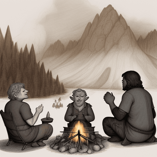 AI generated: 3 mountain trolls are sitting around a campfire and Bilbo is watching to them from far away. The fig...