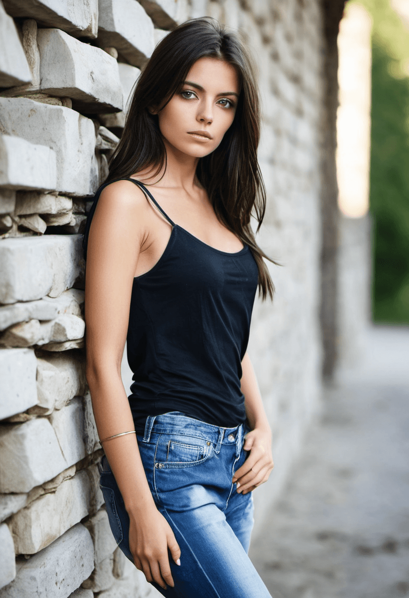 AI generated: silhouette style attractive young woman posing near a stone wall, messy brunette hair, gorgeous ligh...