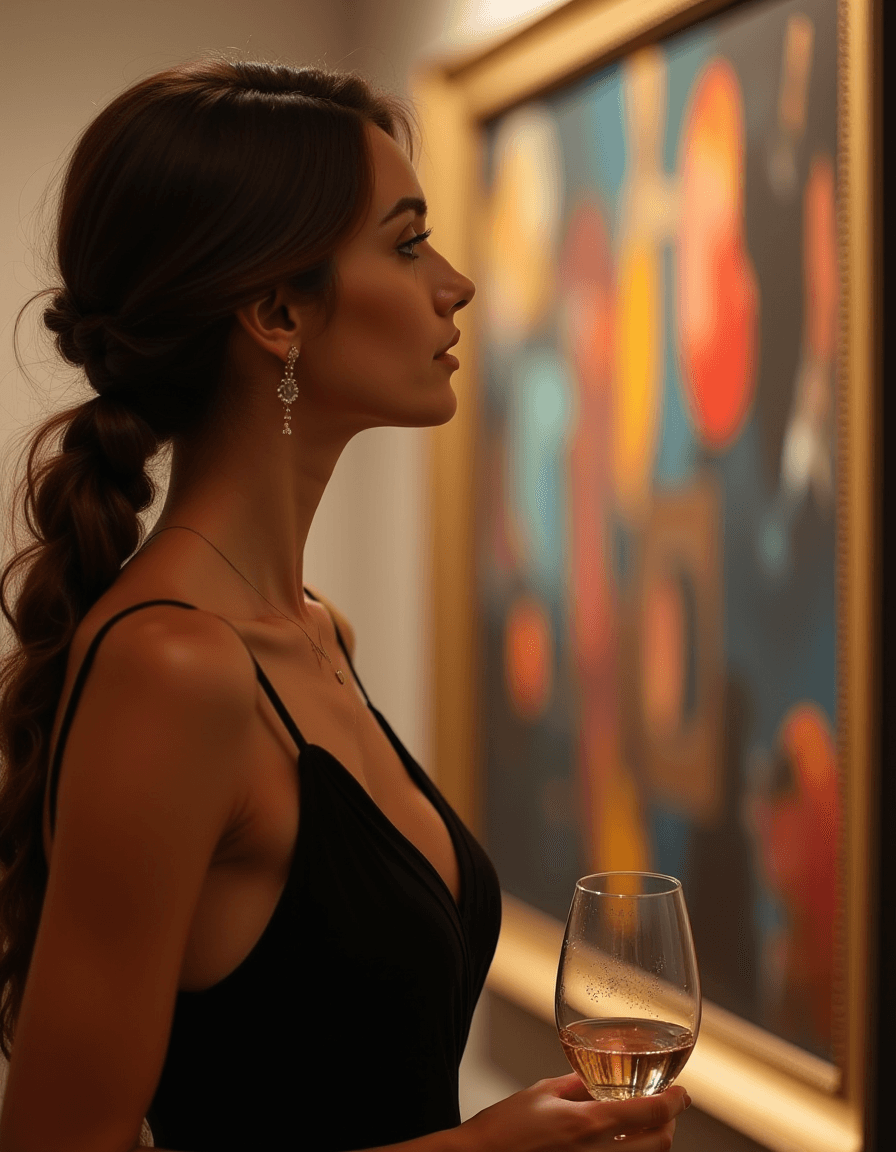 AI generated: a woman, from the side, staring with fascination at an abstract painting in a art gallery, wearing a...