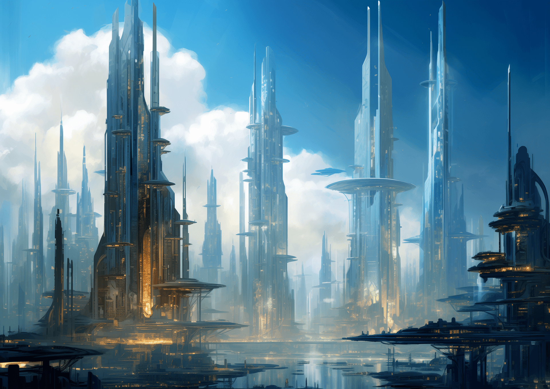 AI generated: blue and teal cityscape of the future, with tall towers, in the style of John Berkey --v 5.2 --ar 12...