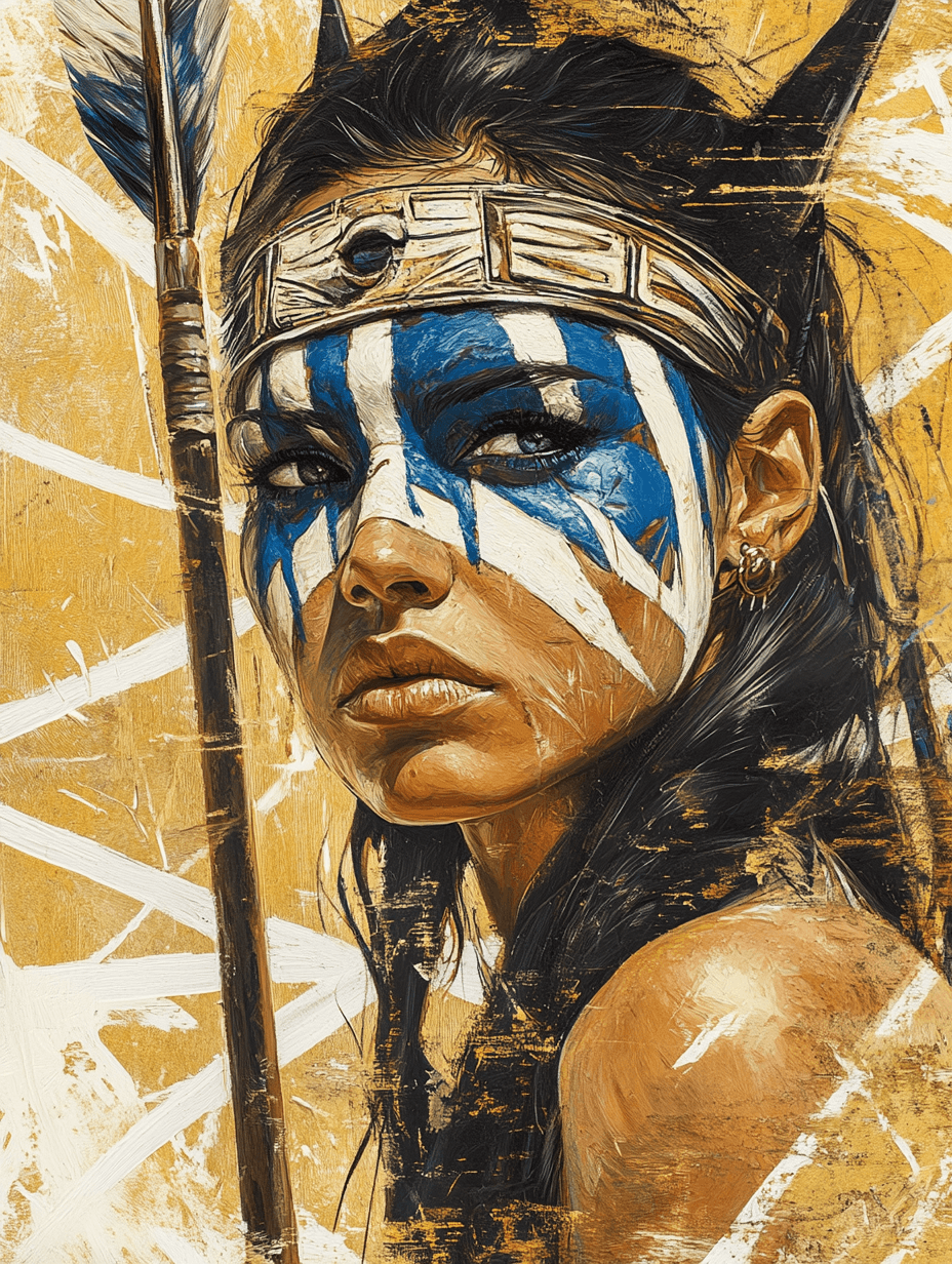 AI generated: A portrait drawing of an ancient female warrior with blue and white war paint on her face looking at...