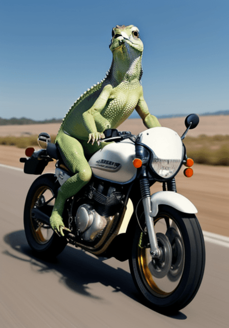 AI generated: lizard riding motocycle