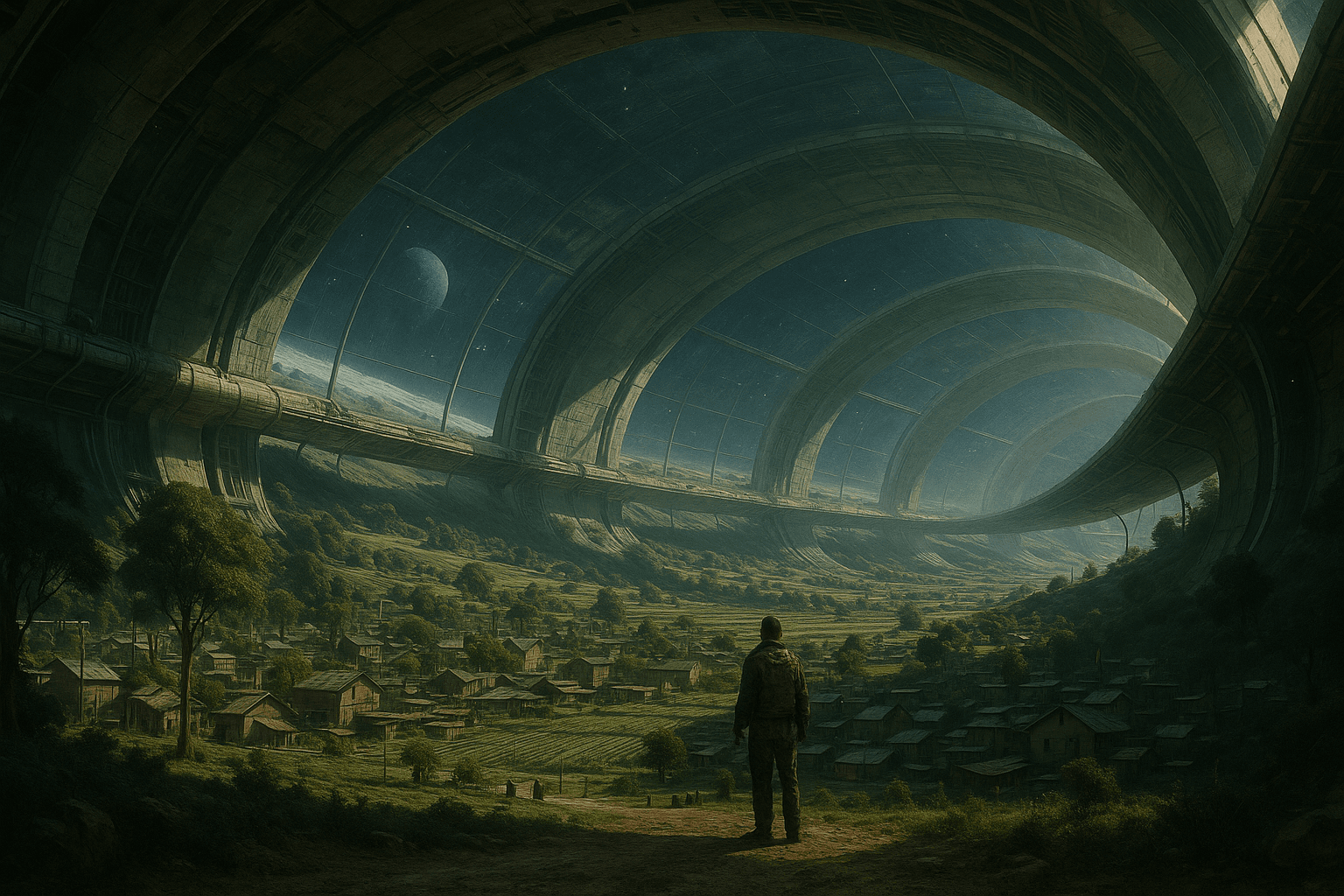AI generated: In a dystopian future where a community exists in a giant Stanford torus in space, Space settlement,...