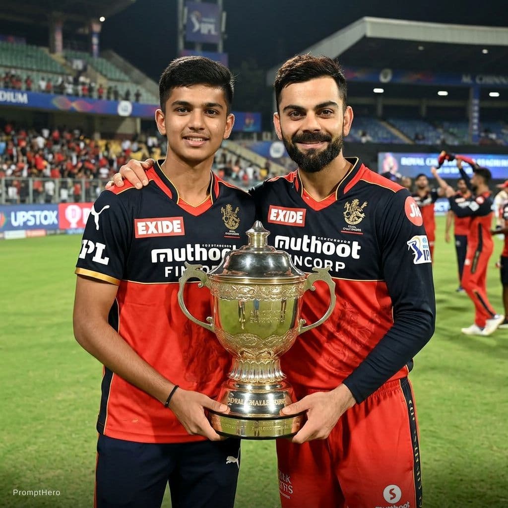 AI generated: Combine these two photos and make me to stand beside virat kohli with the ipl cup. Make virat giving...