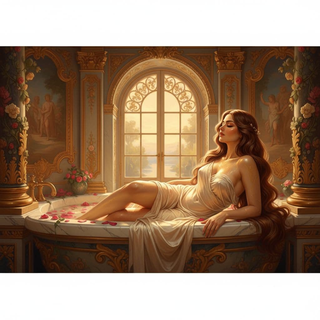 AI generated: A radiant goddess lies gracefully on the edge of an ornate marble bath, her skin glistening with gol...