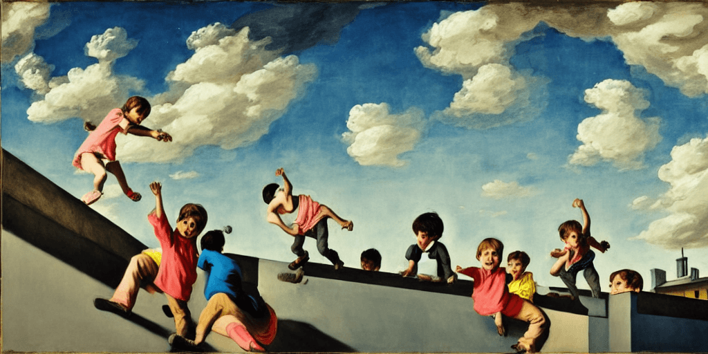 AI generated: children playing on rooftop, neo rauch, painting with incomparable reality, intricate details