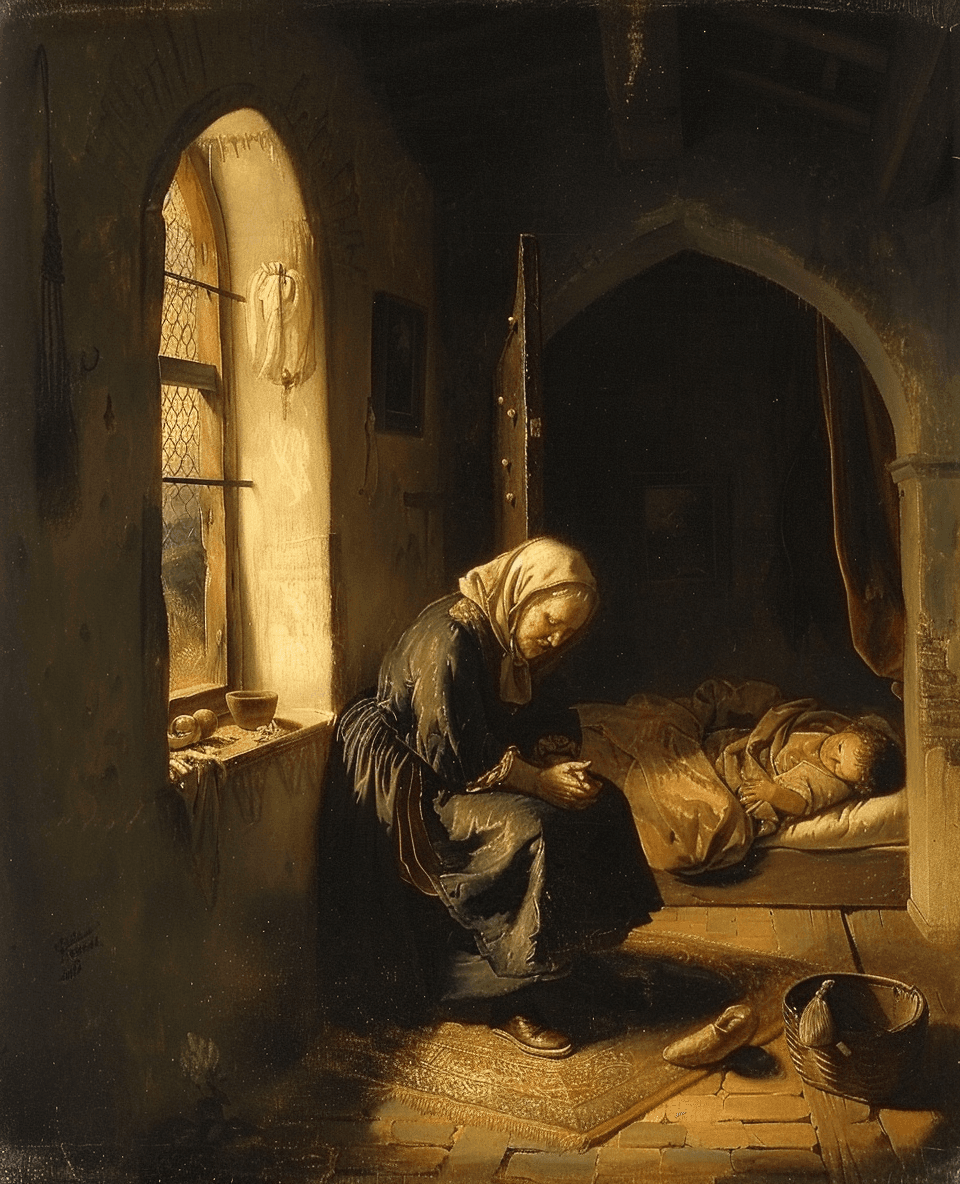 AI generated: A baroque painting of an old woman sitting on the floor in her bedroom, holding and looking at one s...
