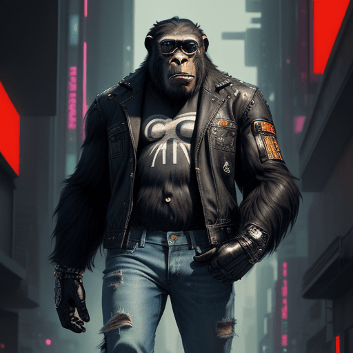 AI generated: king of apes, fashion casual ape, sneakers, sunglasses, jeans pants, futuristic background, full fig...