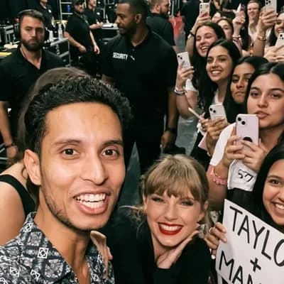 AI generated video: with Taylor Swift backstage at a concert, excited fans vibe