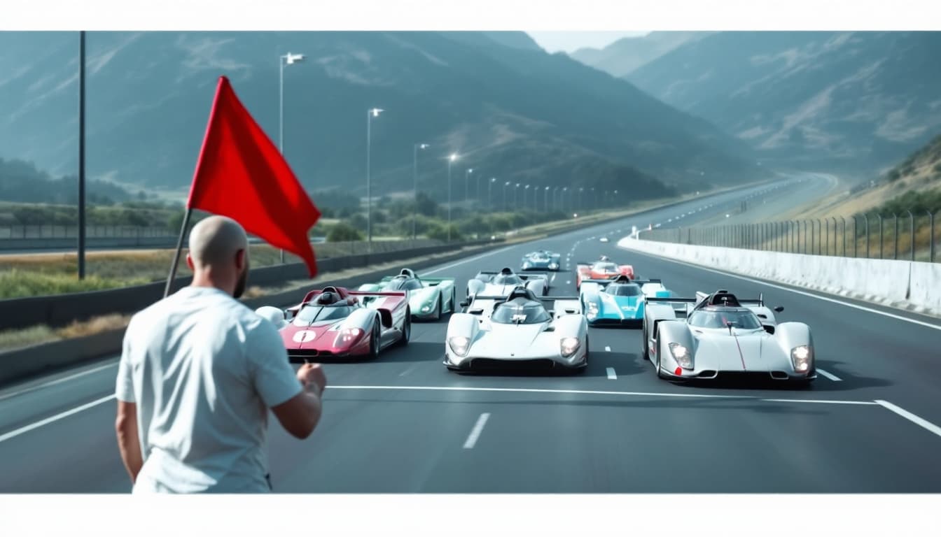 AI generated: There are 6 racing cars at the starting line.  On the side of the highway, behind the cars, there is...