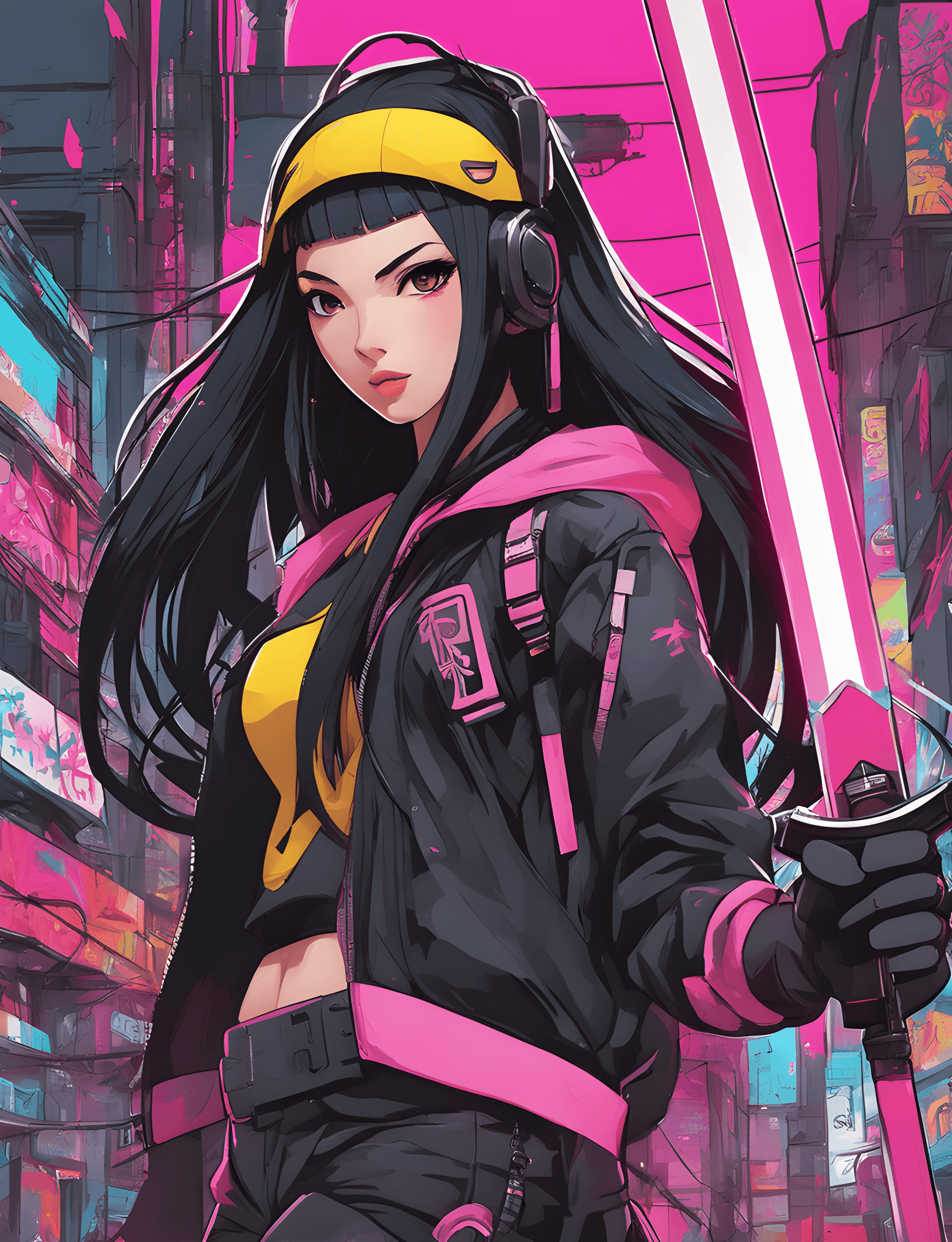 AI generated: a girl with long black hair holding a pink sword, cyberpunk art, trending on Artstation, graffiti, w...