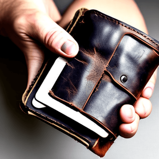 AI generated: An empty abandoned leather wallet, held open by a pair of hands, to show no cash or credit cards ins...