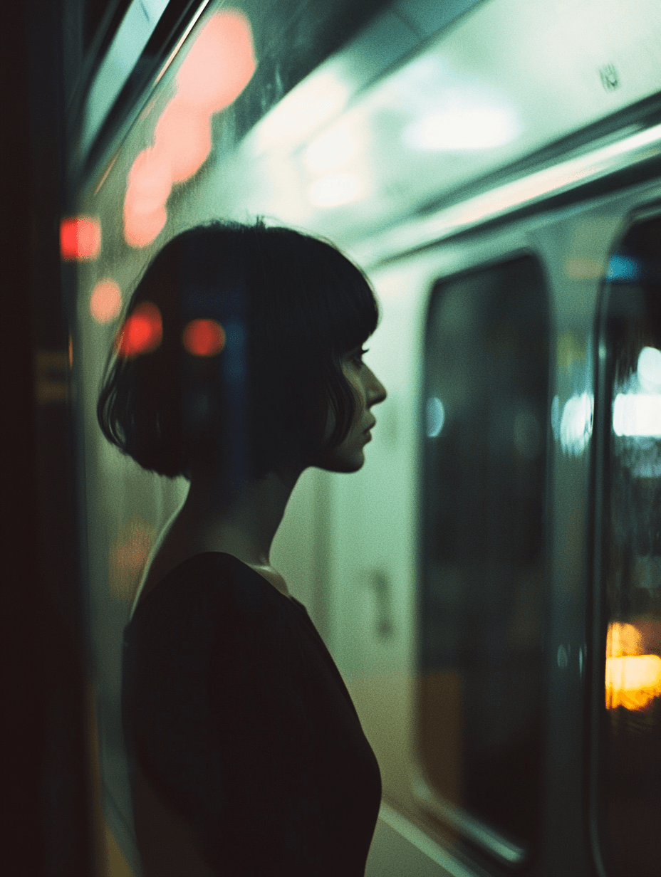 AI generated: A blurry photograph of a woman standing in front of a subway car, captured by a Hasselblad X2D 80mm ...