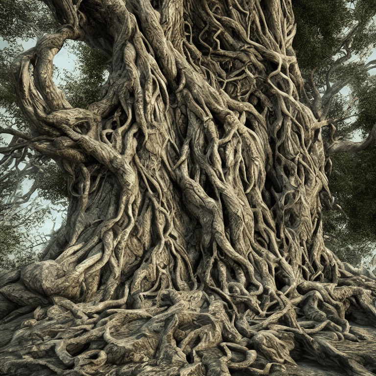 AI generated: a majestic colossal ancient tree made with intricate carved marble and fractal details, ethereal fla...