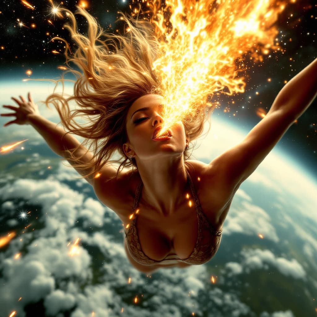 AI generated: Carmen Electra orbiting earth, shooting a solar flare out of her mouth.