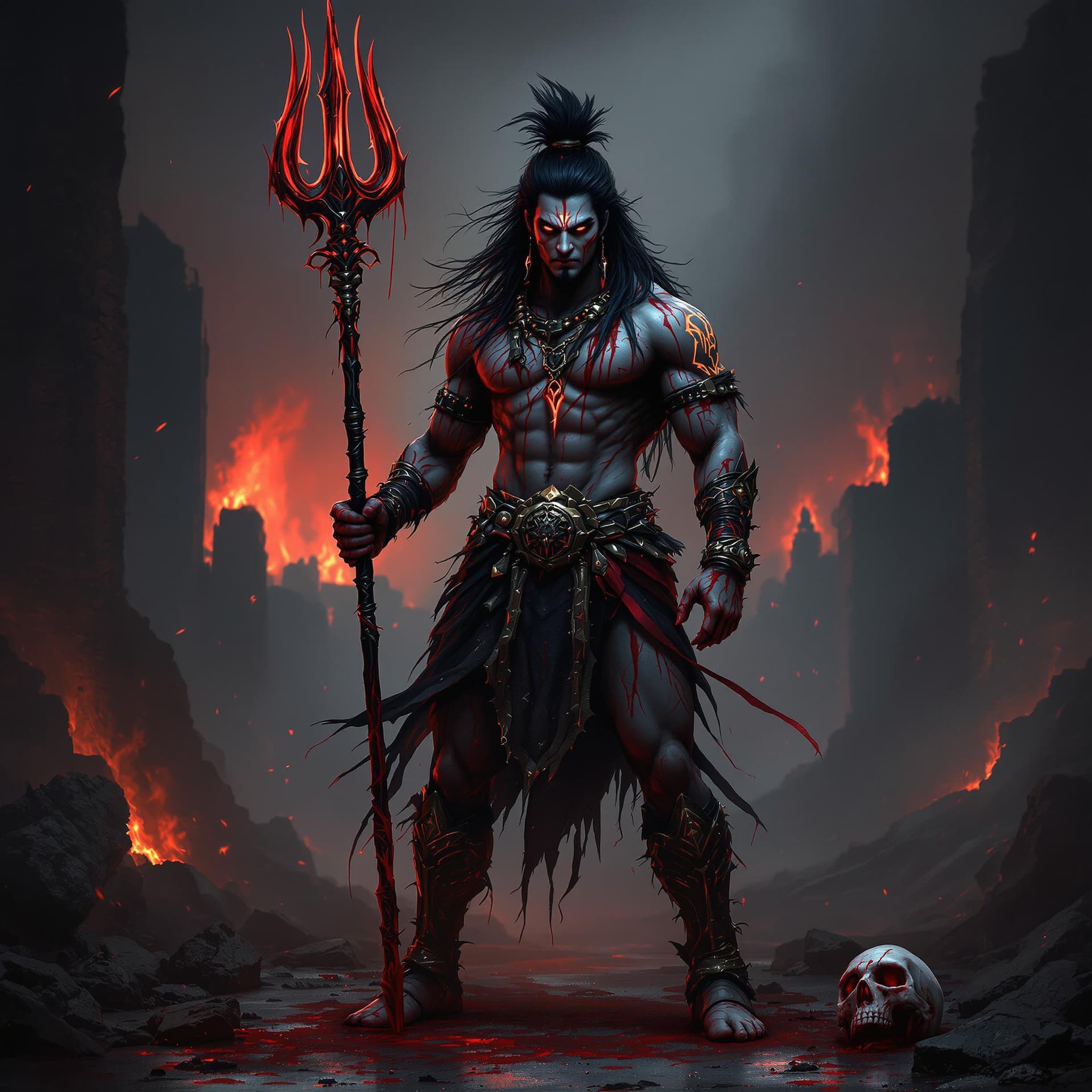 AI generated: An ultra-realistic, full-body portrait of a blood-soaked Lord Shiva Muscular Body, exuding a chillin...