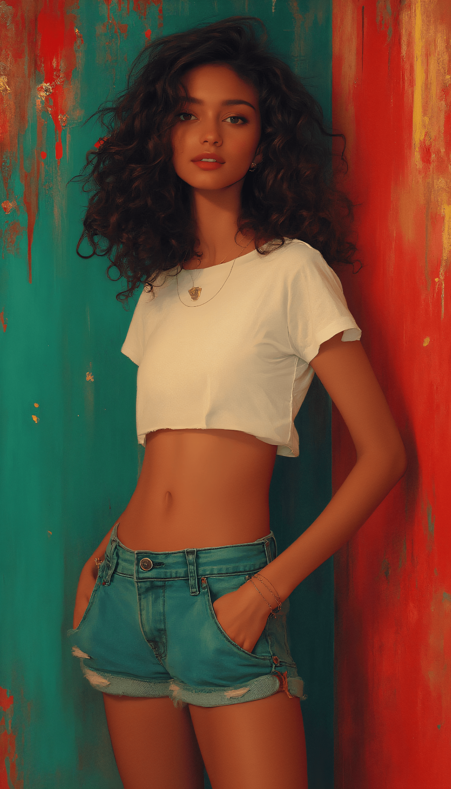 AI generated: vibrant painting in a neo-pop art style, half body picture, Fit female with defined midriff in small...