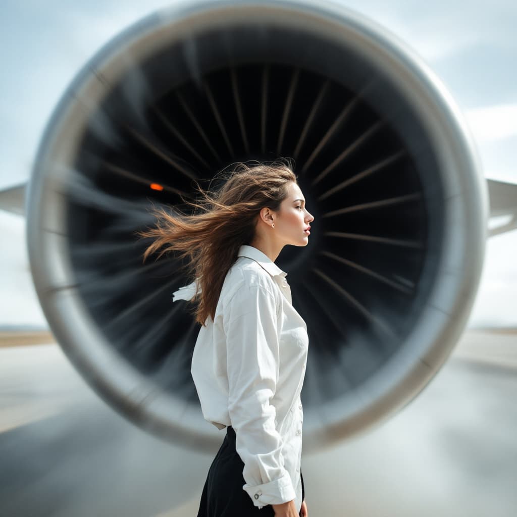 AI generated: Sideview of a woman stands behind a roaring jet engine, feeling the force of the blast. Her clothes ...