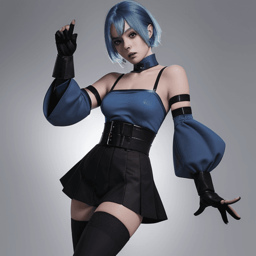 AI generated: blue hair, chest strap, elbow gloves, gloves, skirt, wide sleeves, detatched sleeves, black shorts, ...