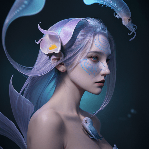 AI generated: Goddess close-up portrait ribcagel. jellyfish phoenix head, nautilus, orchid, skull, betta fish, bio...