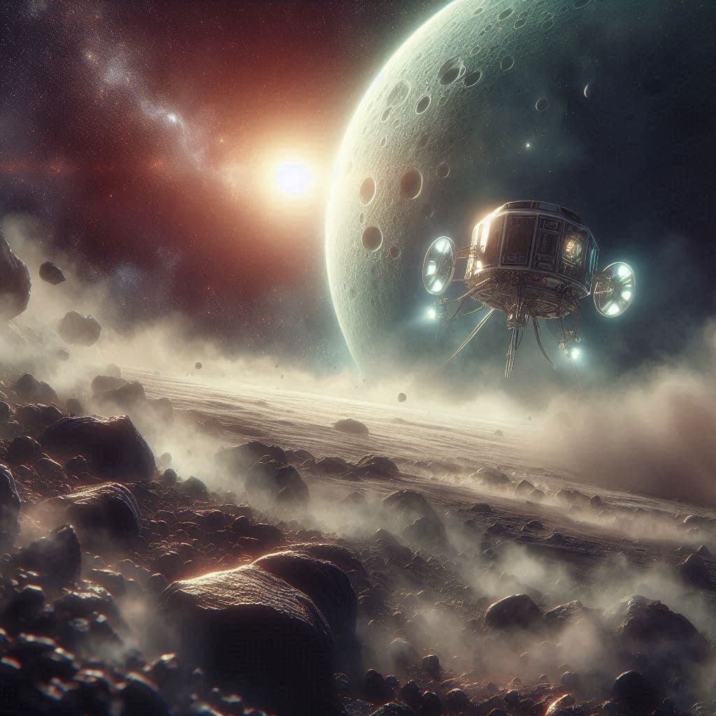 AI generated: An asteroid-lander touchdown on an asteroid, in the style of realistic hyper-detailed rendering, sof...