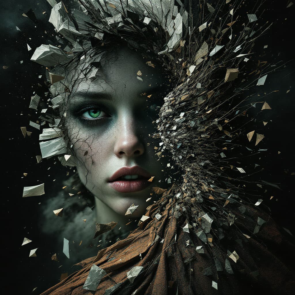 AI generated: A resilient reality shifter, her clothing and her very form seems to fragment and reform and she is ...