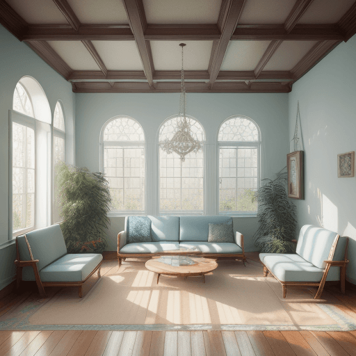 AI generated: High resolution photography interior design, dreamy sunken living room conversation pit, wooden floo...