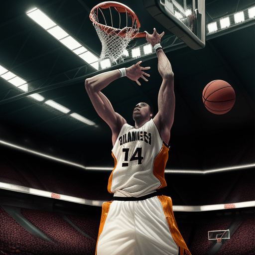 AI generated: In the dimly lit stadium, capture a hyper realistic basketball highlight featuring an explosive slam...