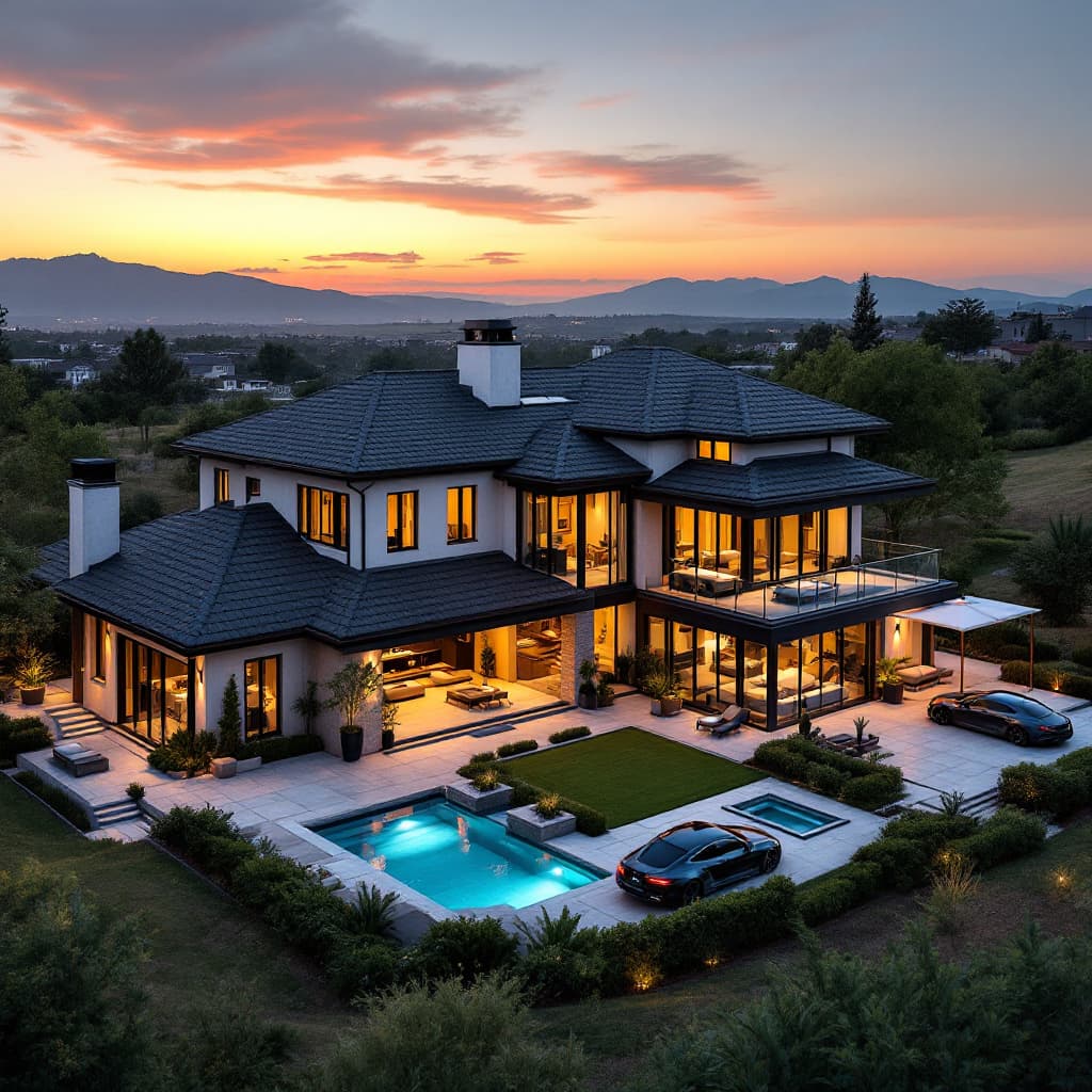 AI generated: generate a high resolution, high angle picture of a luxury home complex. The home is cozy and luxuri...