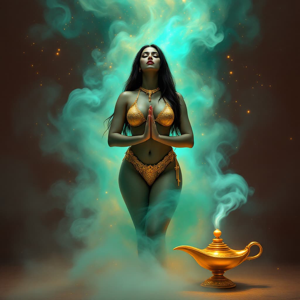 AI generated: An Indian woman with turquoise skin and dark straight hair is positioned directly in front of the ca...