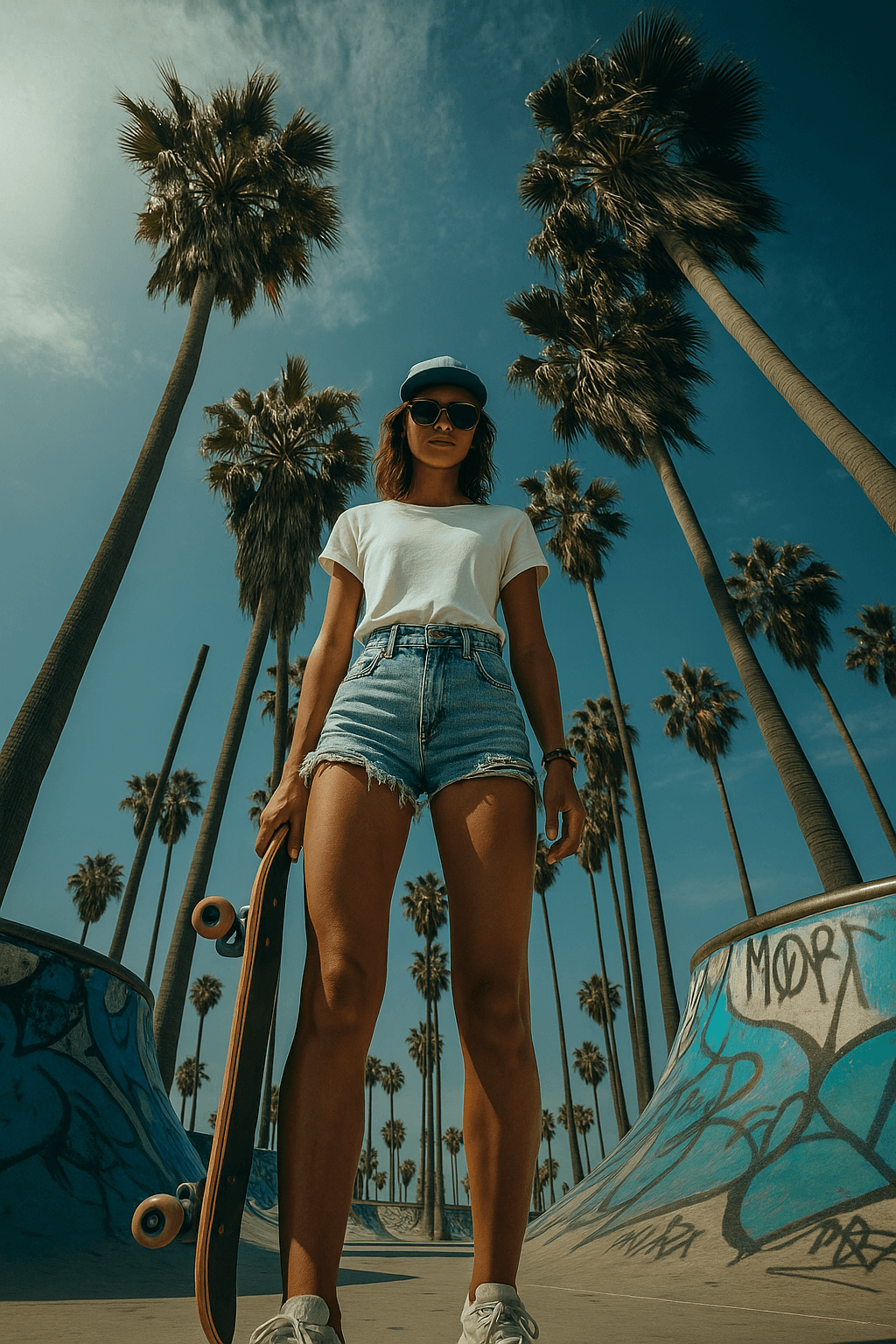 AI generated: {
  "title": "Venice Beach Skater Girl Editorial",
  "intent": "Create a cinematic low-angle portr...