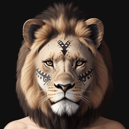 AI generated: Hyper realistic lion’s face wearing tribal face paint, front view