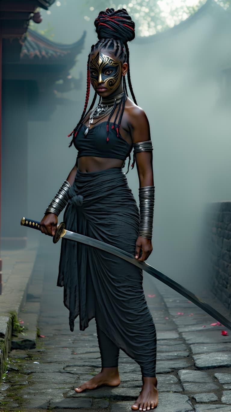 AI generated: Full body view of A fierce warrior woman with striking, intense eyes, wearing an elaborate black and...