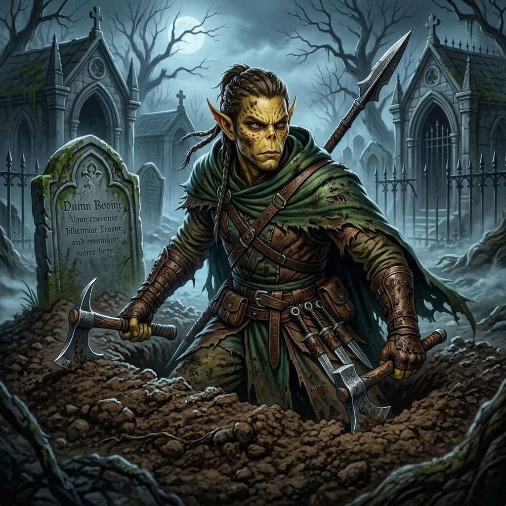 AI generated: a male githzerai ranger breaking through the loose soil of a fresh grave, getting his head and arms ...