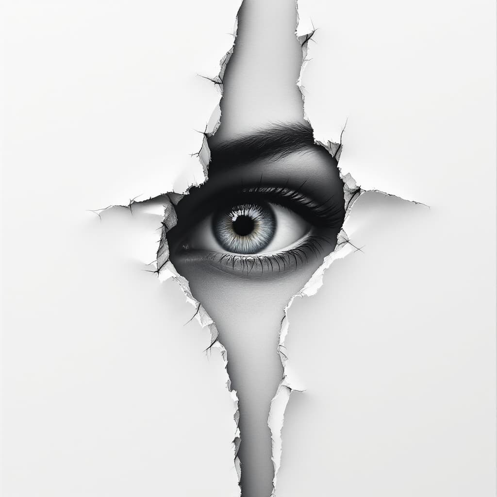 AI generated: Create a hyperrealistic oil painting on a clean white canvas, featuring an eye peeking through a rip...