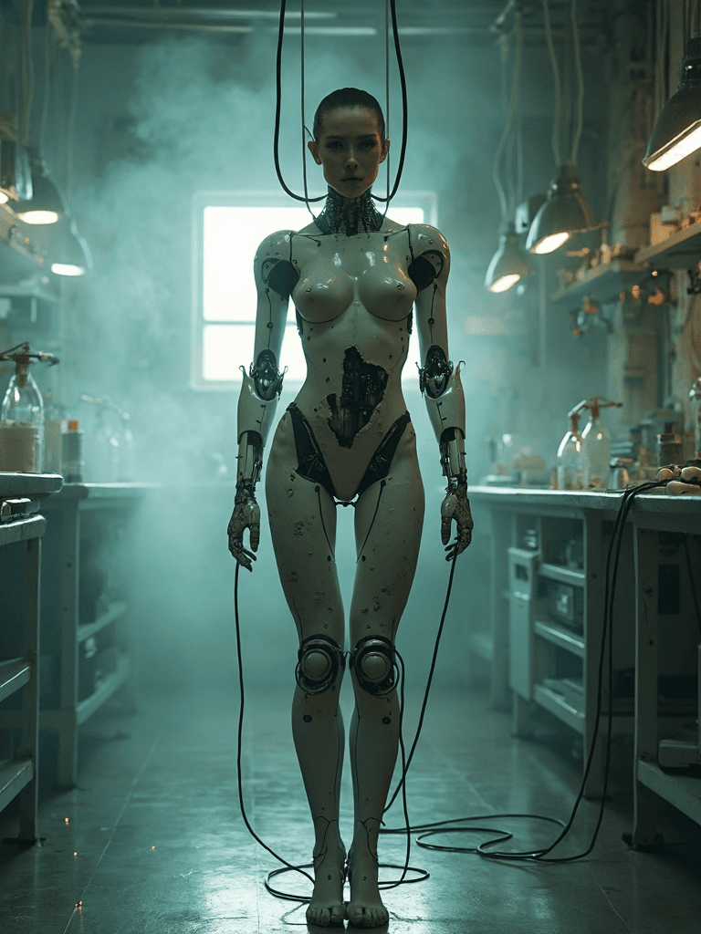 AI generated: Full-body photograph of a (beautiful:1.2) (female:1.2) cyborg, suspended in a retrofuturism science ...