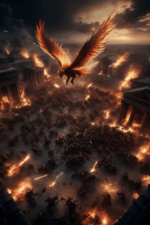 AI generated: bird's-eye view, an ultra-realistic battle between an army of demons fighting against Valkyries and ...