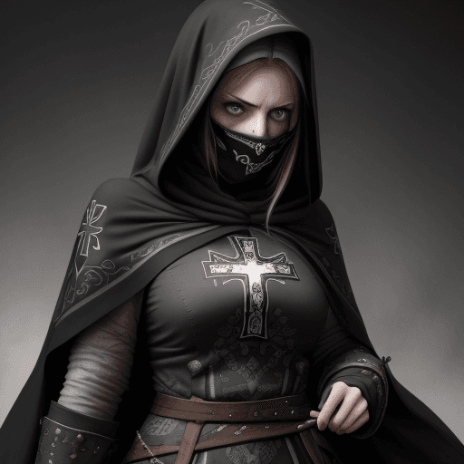 AI generated: Hyper realistic
Woman wearing a full tunic, on the hood of the tunic an image of a cross printed and...