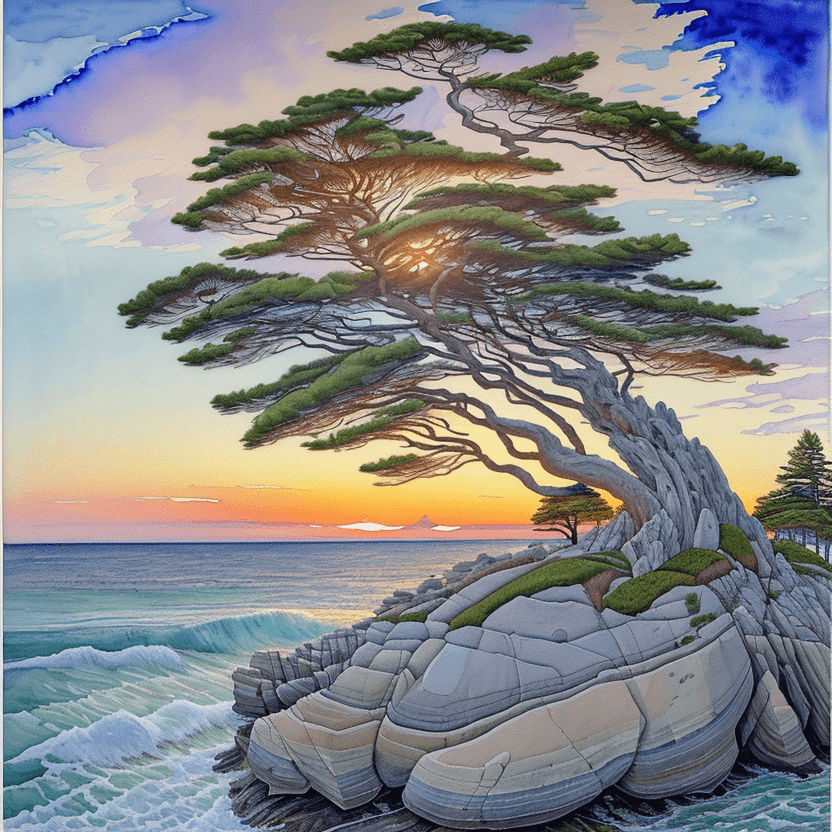 AI generated: a painting of a tree sitting on top of a rock, a watercolor painting, inspired by Arthur Lismer, cg ...