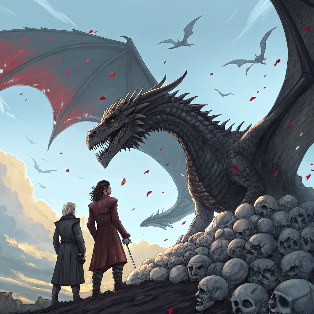 AI generated: two people are standing under a dragon watching other skulls, in the style of concept art, light sky...