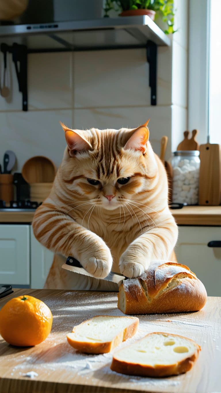AI generated: Orange lazy cute fat cat is cutting a bread in the kitchen.