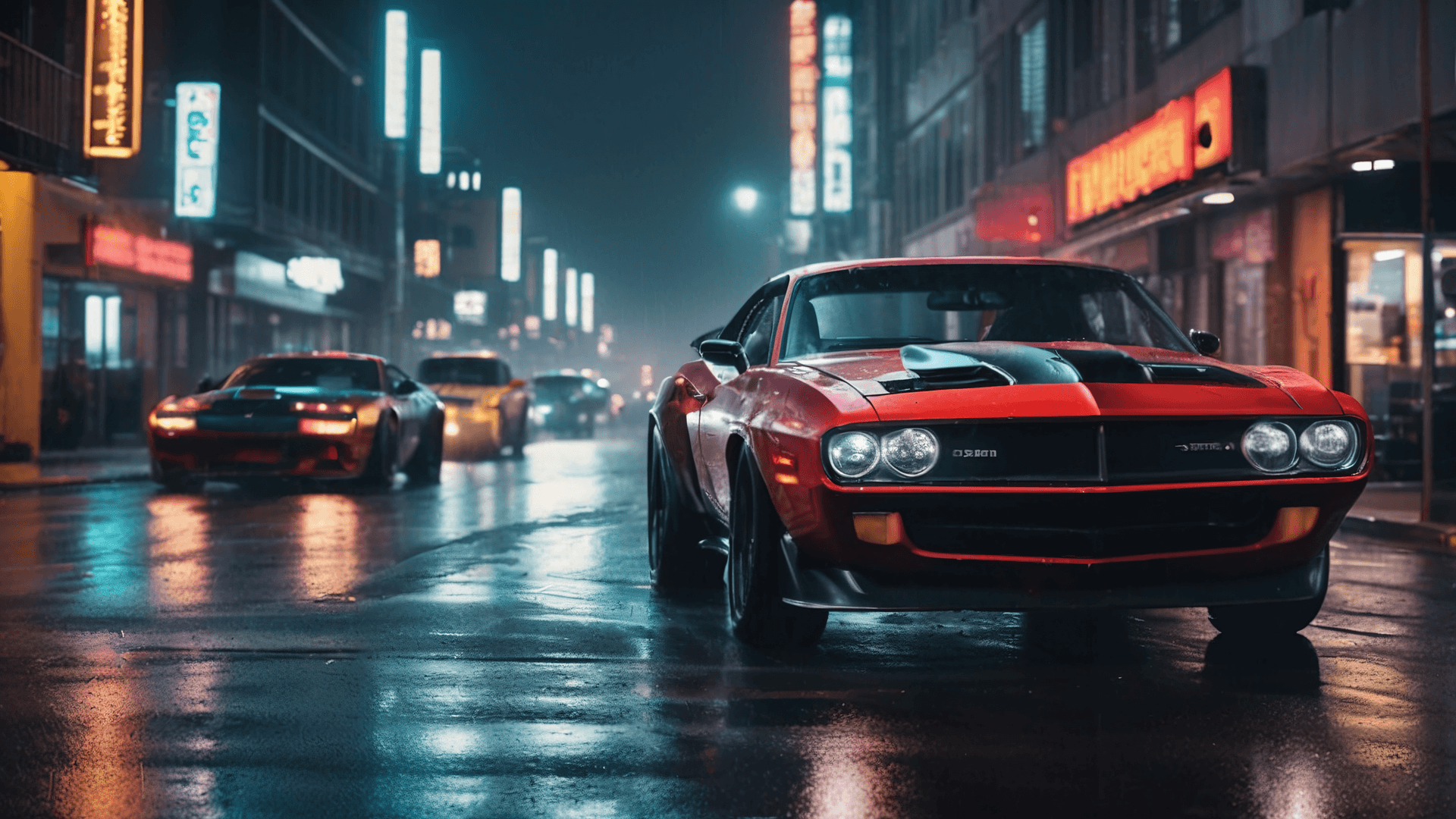 AI generated: Masterpiece,Best Quality (supercars, muscle car and hotrods) racing through a cyberpunk city at nigh...