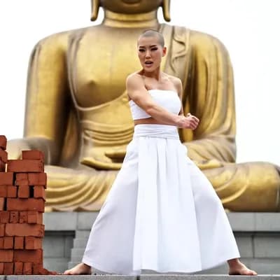 AI generated video: Full-length portrait of a beautiful bald Korean woman, piercing eyes, full mouth, with a white band ...