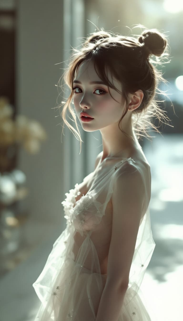 AI generated: 18years old girl, transparent dress, extra mini skirt, pale skin, bun hair, RAW, softlight