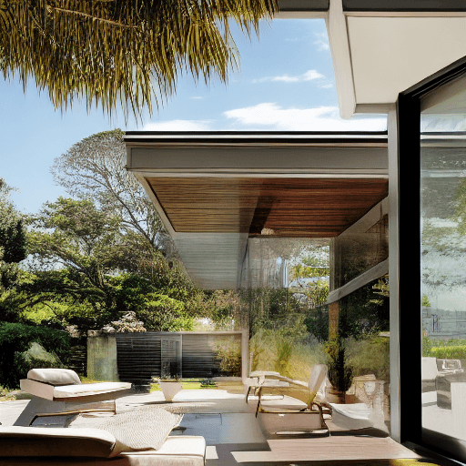 AI generated: Hyper realistic eye level exterior photo of a mid century modern style house overlooking the ocean, ...