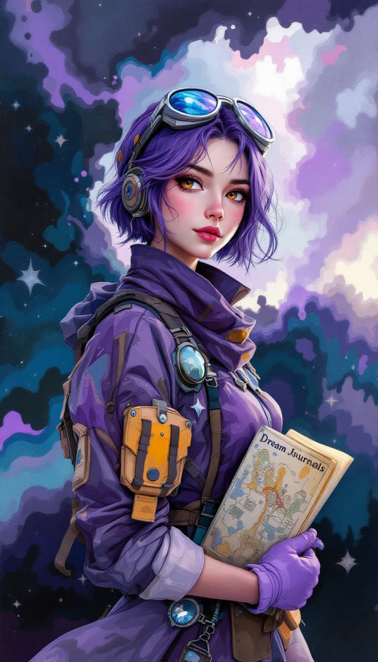 AI generated: "Violet Explorer in a Dreamlike Landscape": A captivating abstract painting presents an explorer, wi...