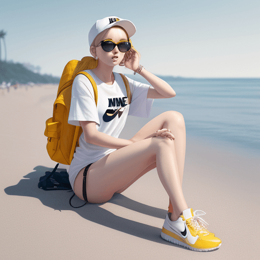 AI generated: Description with knolling parts, fashion girl, Full body, one American girl, wearing beach, sunglass...