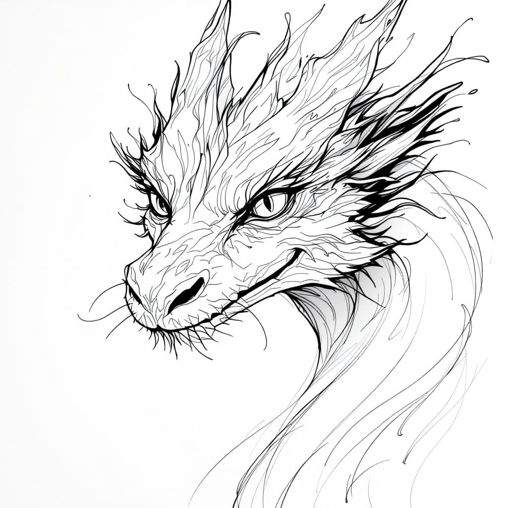 AI generated: A detailed sketch of a dragon face, featuring expressive and flowing line-work. The portrait highlig...