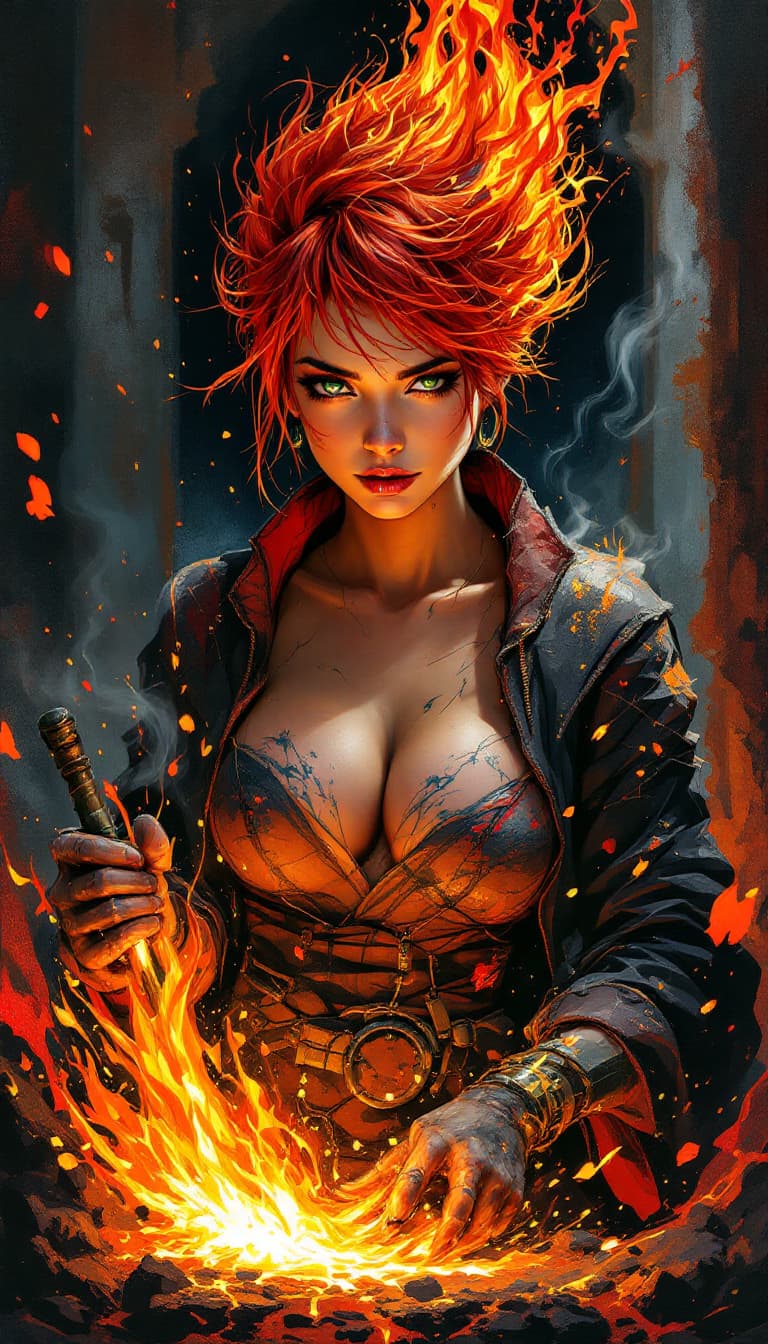 AI generated: "Ember Sculptor in a Volcanic Studio": A dynamic abstract painting captures a sculptor, exuding pass...