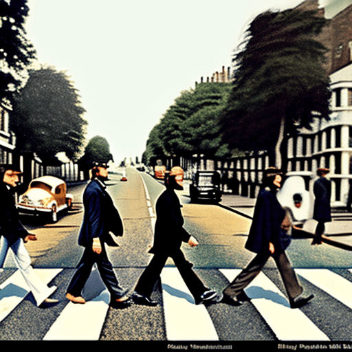 AI generated: A photograph Sherlock Holmes and Oppenheimer crossing Abbey Road like the Beatles
